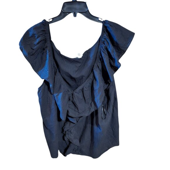 Terra & Sky Solid Black Blouse With Ruffle Collar And Front - Picture 2 of 2